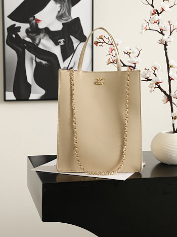 Chanel Small Shopping Bag Vertical Tote Calfskin Beige 28.6x23.5x9.5