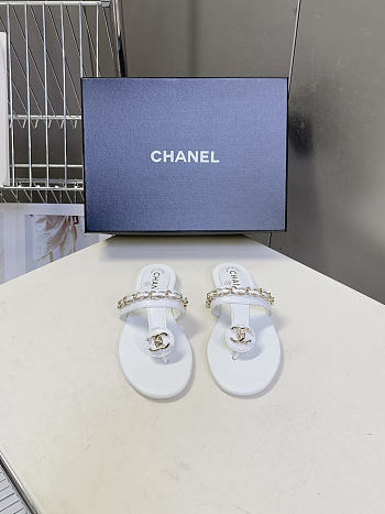 Chanel White Leather T-Strap Thong Sandals