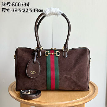 Gucci Borsetto Large Boston Bag in Dark Brown Suede 38.5x22.5x13cm